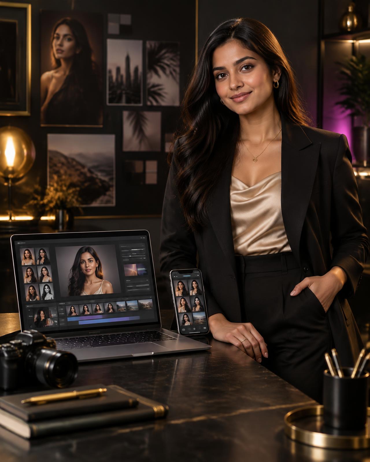 Realistic South Asian AI influencer with a laptop and phone displaying content creation workflows