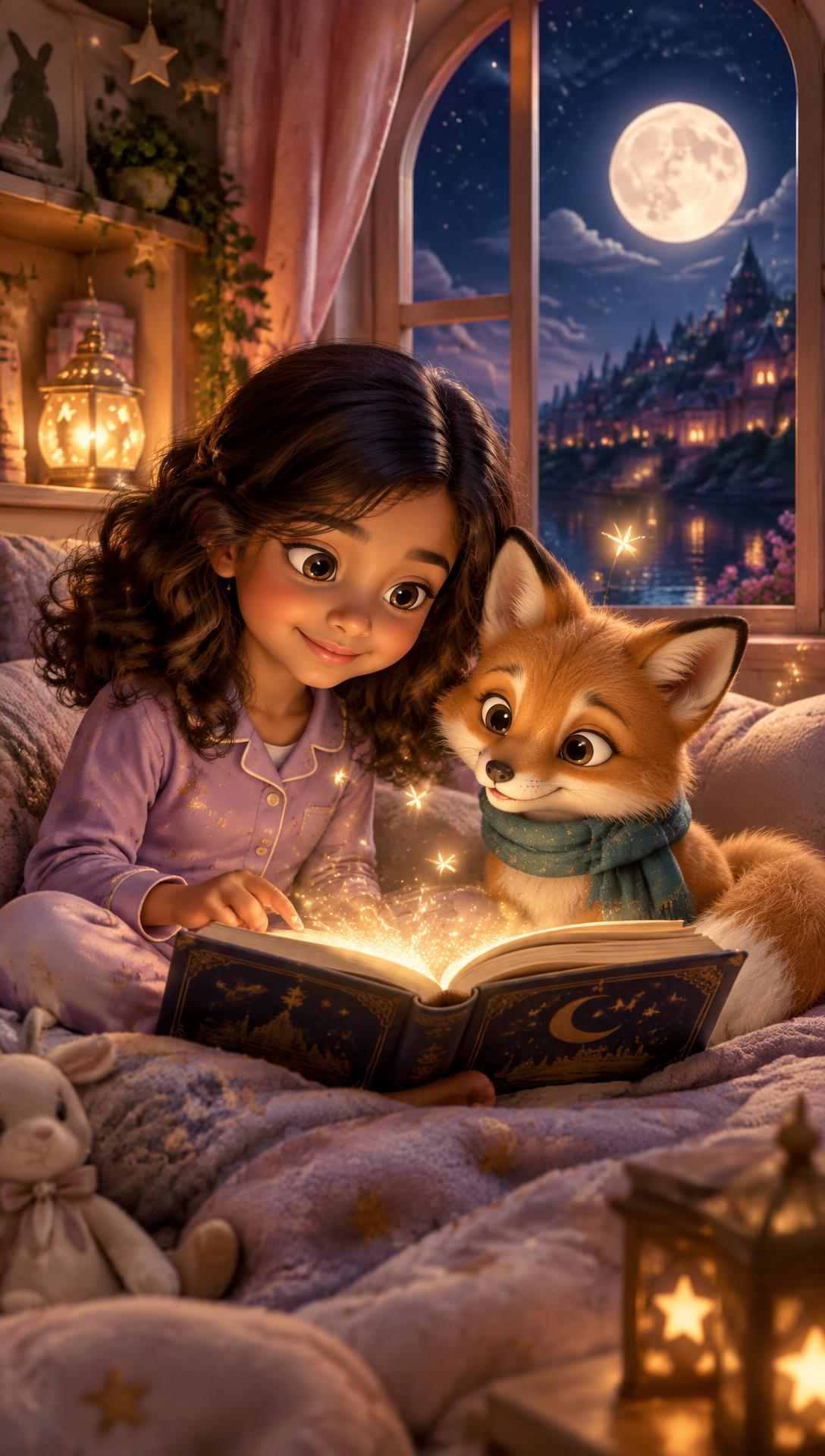 AI-generated bedtime story video with Mira and her friendly fox